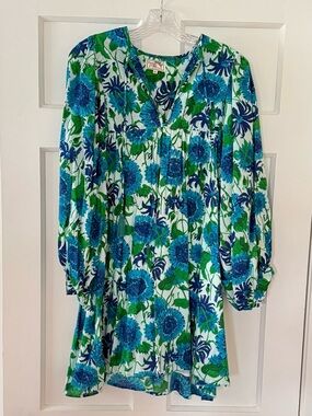 Women’s Blue & Green Floral Mini Dress - Lightweight V-Neck